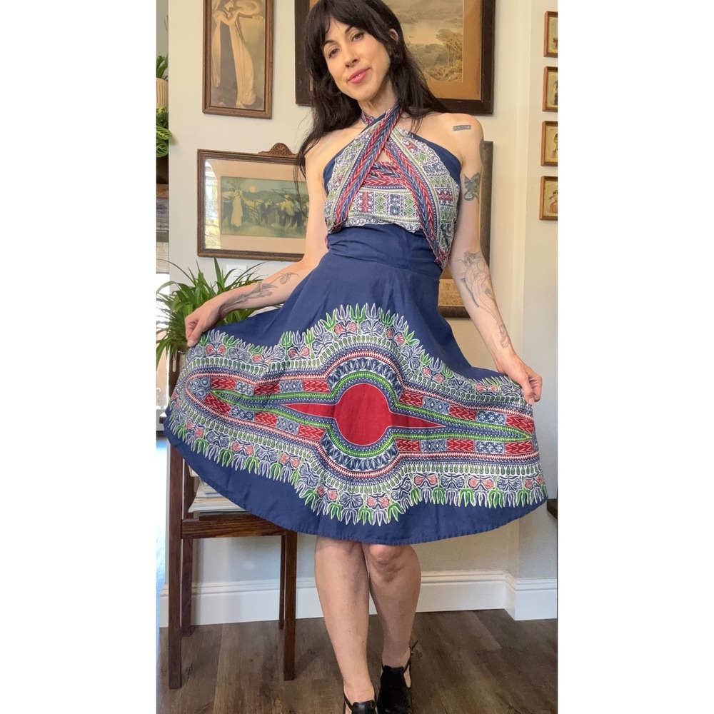 Vintage 60s 70s wrap convertible halter dress dashiki print hippie bohemian - Picture 2 of 9